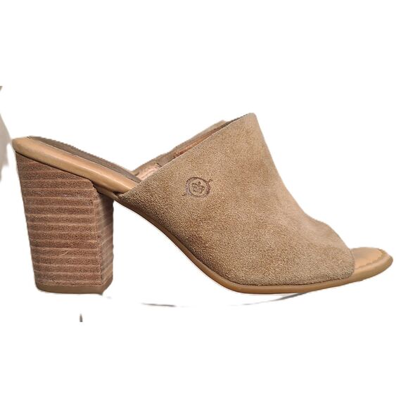 Born Tan Bima Mules Heels Sandals Sz 7 Slip On Open Toe Suede Clogs Quiet Luxury - Picture 1 of 7